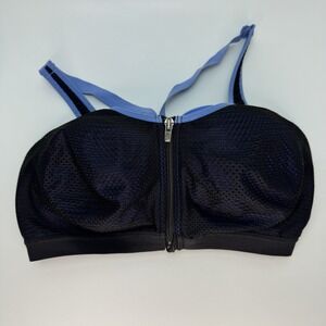 Victoria Sport Bra Zip Front Padded Mesh High‎ Impact Workout Black Blue 36DD